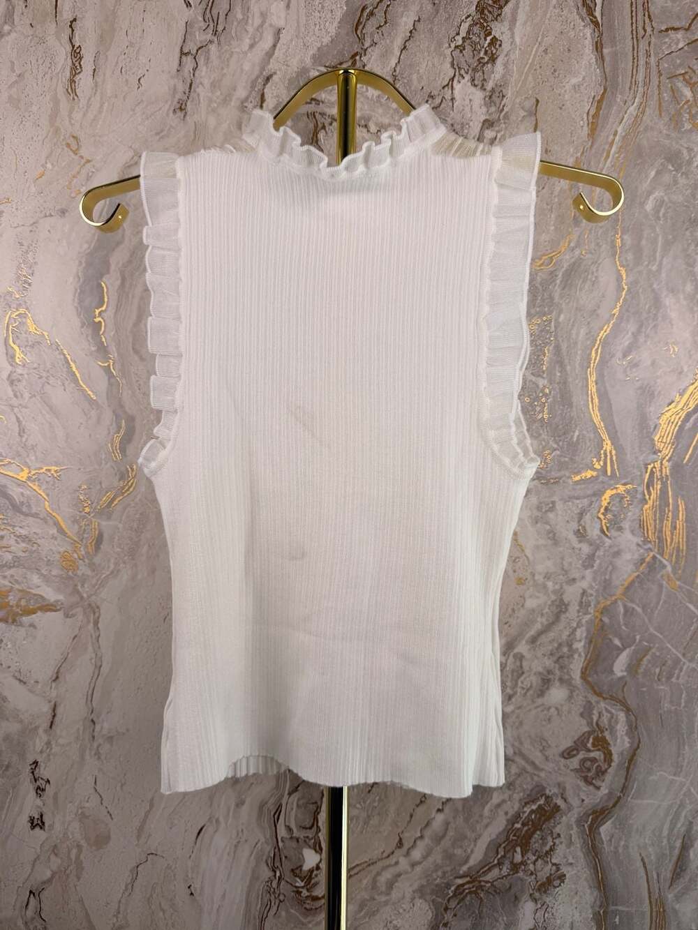 Commense Tank Top Size M White Ribbed Knit Ruffle Mock Neck - Picture 9 of 9